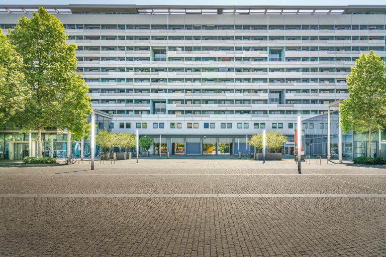 Contemporary building facade in Dresden, Germany on a sunny day.